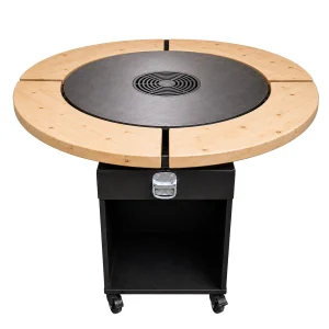 Vulcan Disc Pro 650 plită rotundă grill 65cm cu blat de lemn integrat suport ceaun și grătar central
