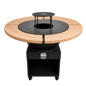 Stație de gătit outdoor Vulcan Disc Pro 650 cu blat lemn masiv pentru servire plită oțel 10mm și cenușar integrat